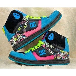 DC Shoes Womens Rebound Hi Skateboarding Shoes Size 8 Neon Sneakers Graffiti
